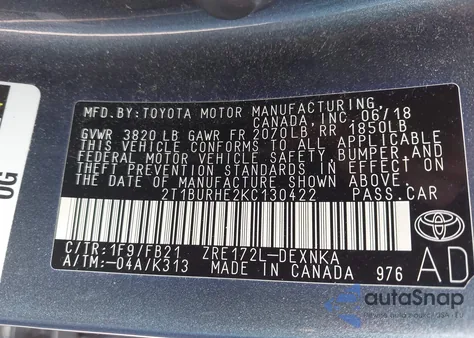 2019 Toyota Corolla Le из США, поврежденный, VIN 2T1BURHE2KC130422